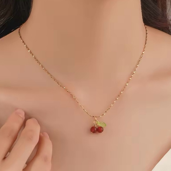 Stainless Steel Cherry Necklace Natural stone - Picture 2 of 6